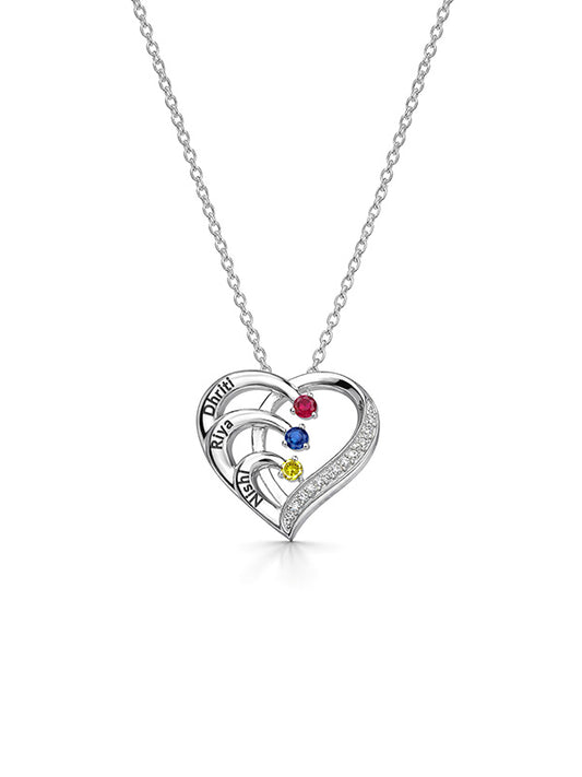 Personalized Triple Name Birthstone Heart Necklace