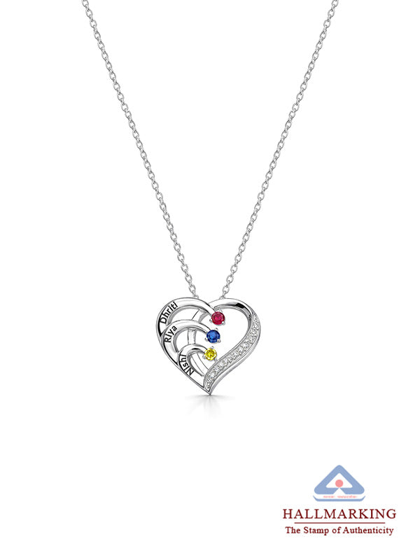 Personalized Triple Name Birthstone Heart Necklace