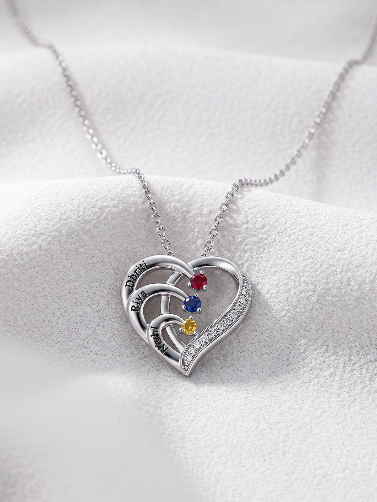 Personalized Triple Name Birthstone Heart Necklace