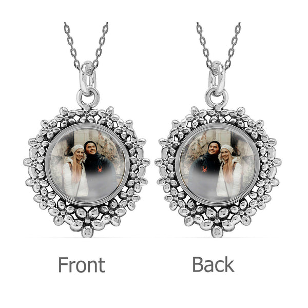 925 Sterling Silver Personalised Double Sided Picture Custom Photo Round Shape Transparent Resin Pendant Necklace for Teen Women