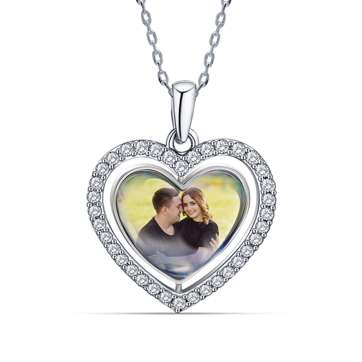 925 Sterling Silver Personalised Double Sided Picture Rotating Custom Photo Heart Shape Transparent Resin Pendant Necklace with Personalised Message BOX for Teen Women