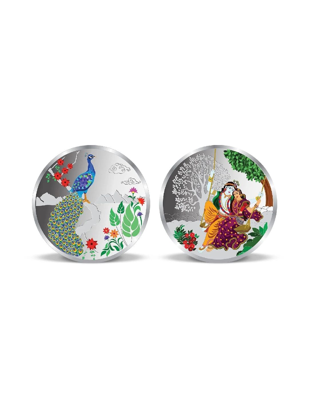 BIS Hallmarked Radha Krishna Colourful Peacock Silver Coin 999 Pure