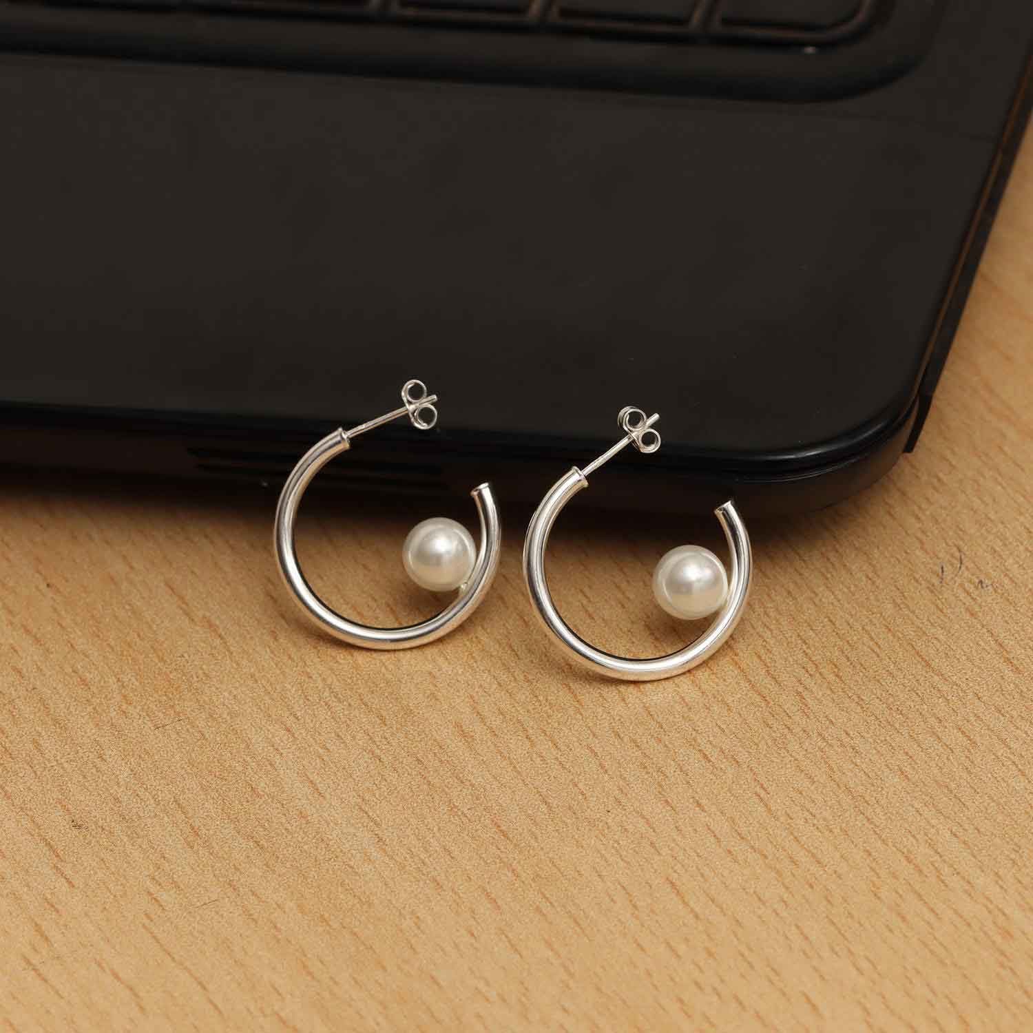 925 Sterling Silver Pearl C Hoop Earrings for Women
