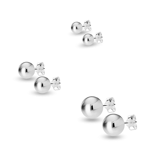 925 Sterling Silver Set of 3 Pairs Classic Stud Earrings for Girls 3, 6, 8 MM