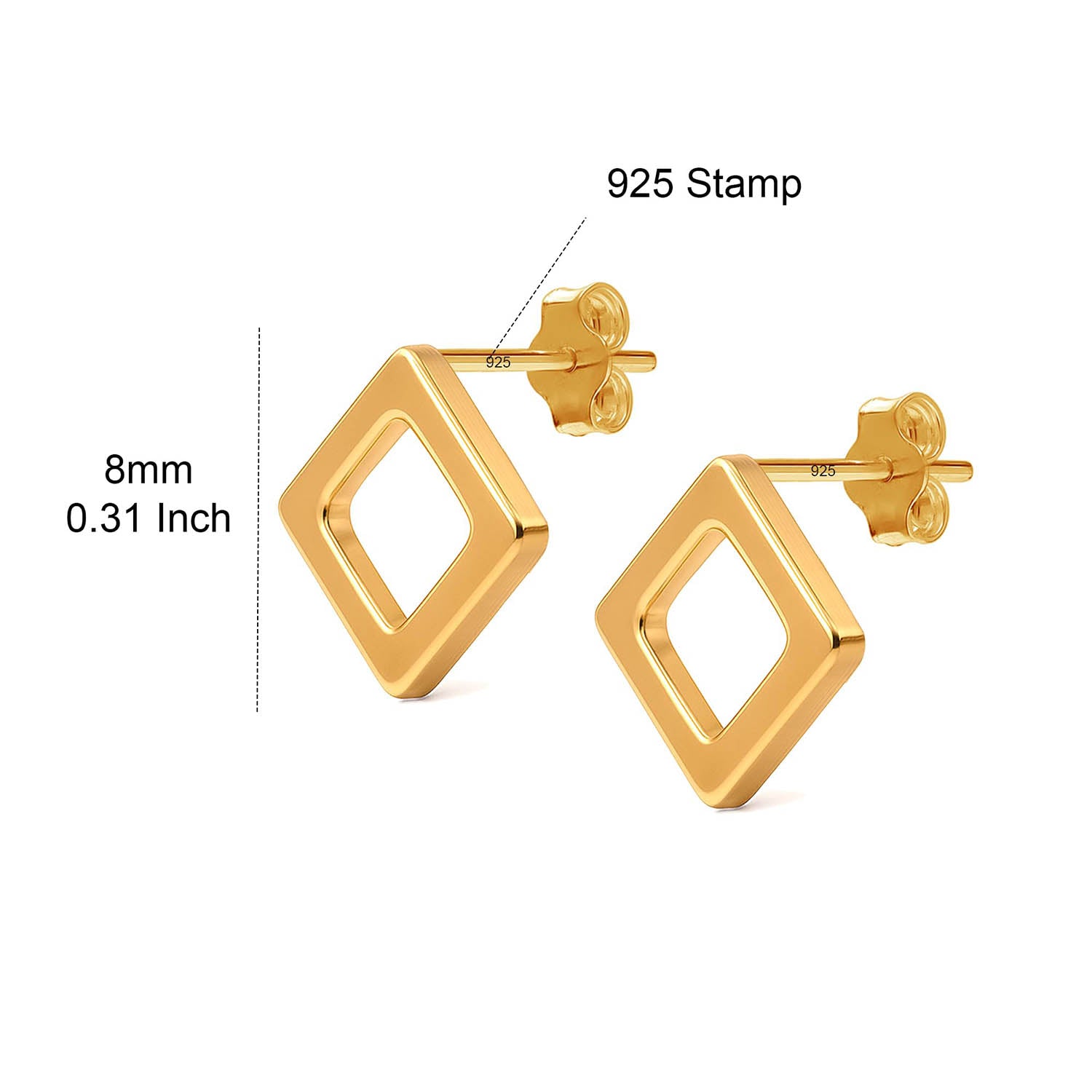 925 Sterling Silver 18K Gold-Plated Square Open Stud Earrings for Men