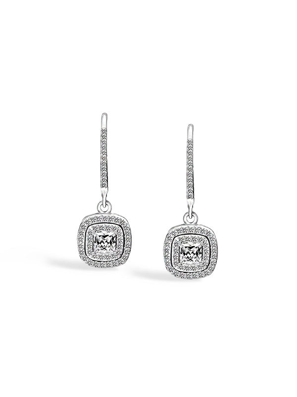 Rhodium Double Halo CZ Leverback Earrings