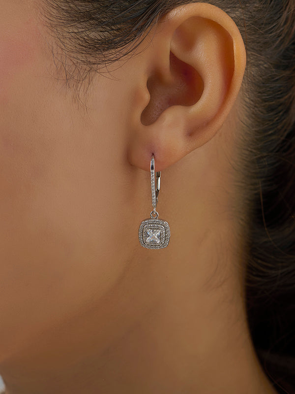 Rhodium Double Halo CZ Leverback Earrings