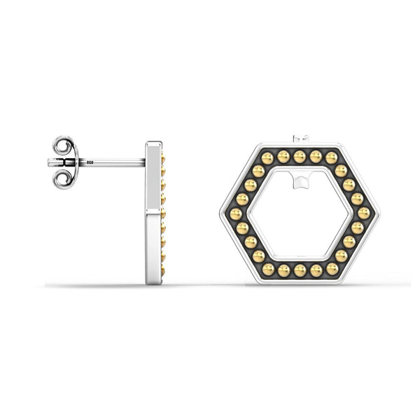 925 Sterling Silver Two-Tone Caviar Hexagon Omega Back Stud Earrings for Teen Women