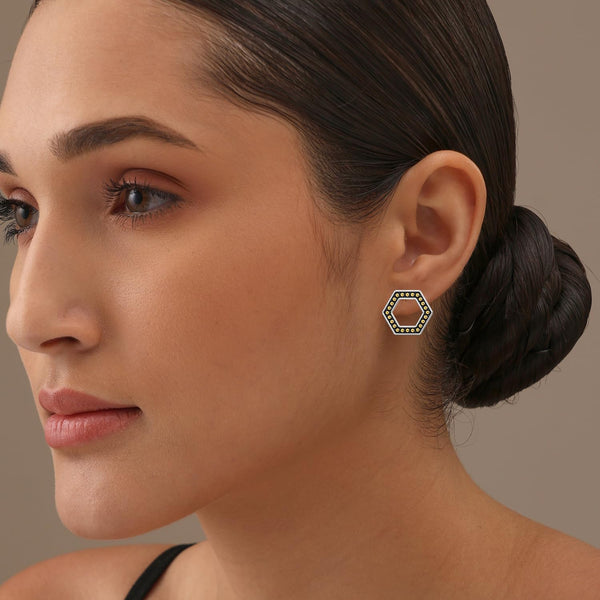925 Sterling Silver Two-Tone Caviar Hexagon Omega Back Stud Earrings for Teen Women