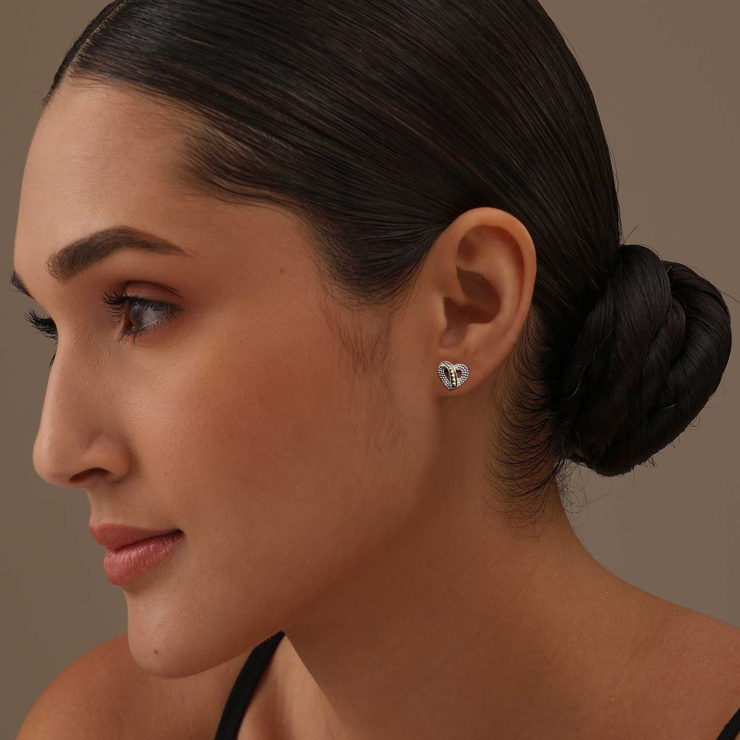 925 Sterling Silver Two-Tone Caviar Beaded Heart Stud Earring for Women Teen