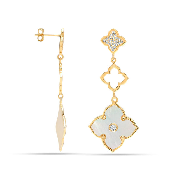 925 Sterling Silver 14K Gold-Plated Mother of Pearl CZ Three Clover Flower Drop Dangle Earrings for Women Teen