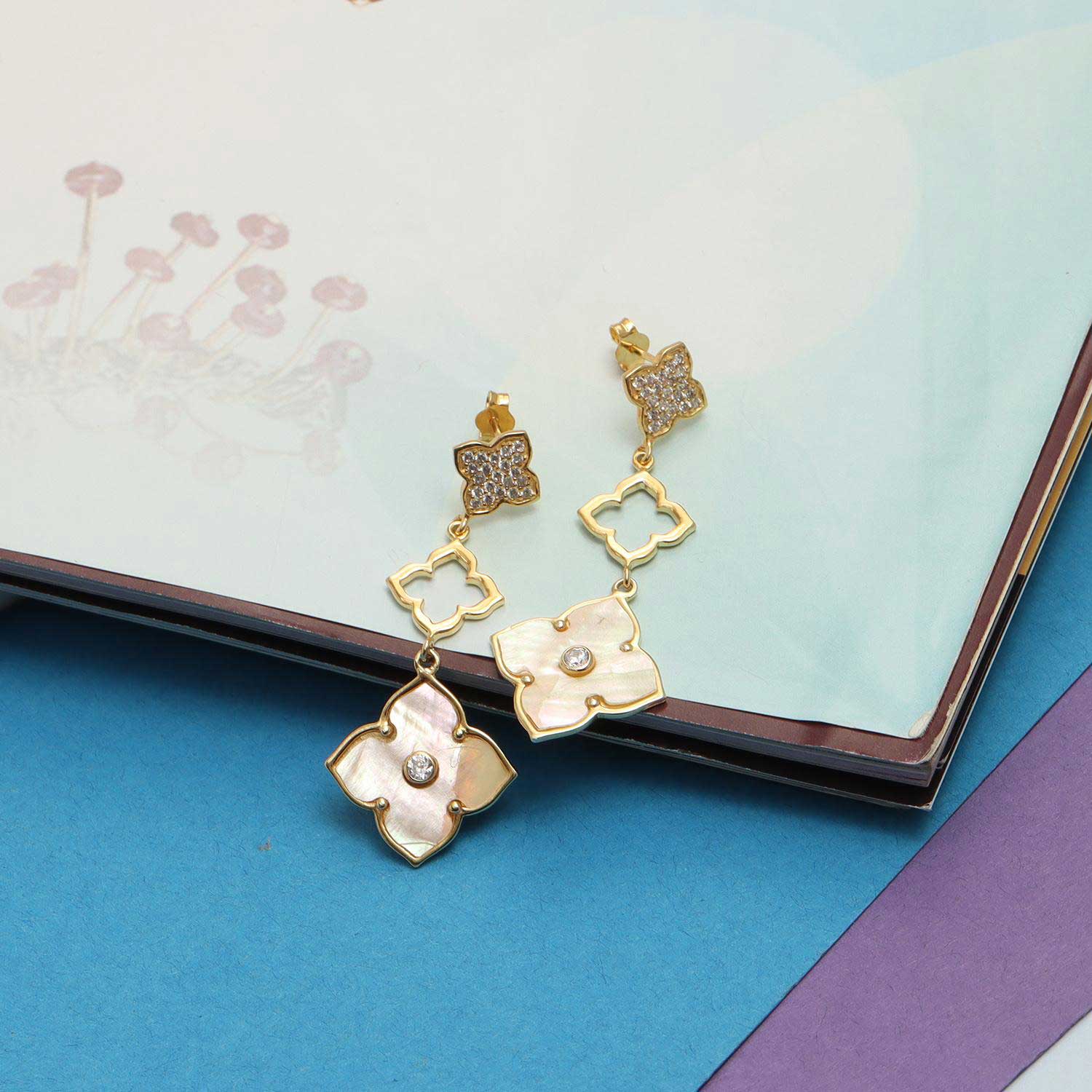 925 Sterling Silver 14K Gold-Plated Mother of Pearl CZ Three Clover Flower Drop Dangle Earrings for Women Teen