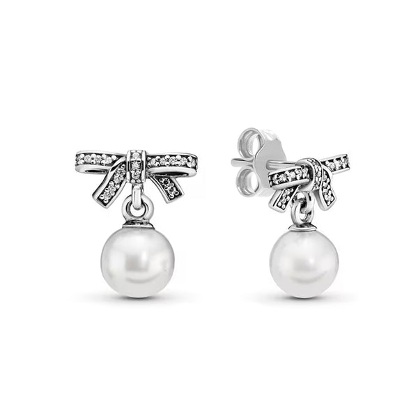 925 Sterling Silver CZ Antique Sweet Bowknot Lightweight Simulated Pearl Bow Shaped Drop Stud Earrings for Women