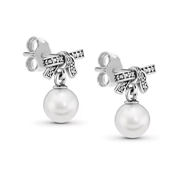 925 Sterling Silver CZ Antique Sweet Bowknot Lightweight Simulated Pearl Bow Shaped Drop Stud Earrings for Women