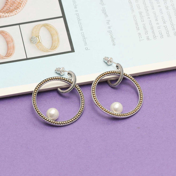 925 Sterling Silver Circle Caviar with Pearl C Hoop Earrings for Women Teen