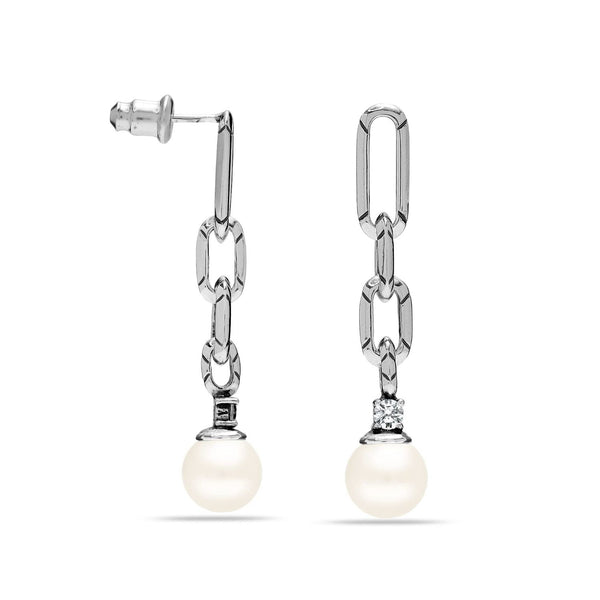925 Sterling Silver Link CZ Pearl Drop Earrings for Women and Girls