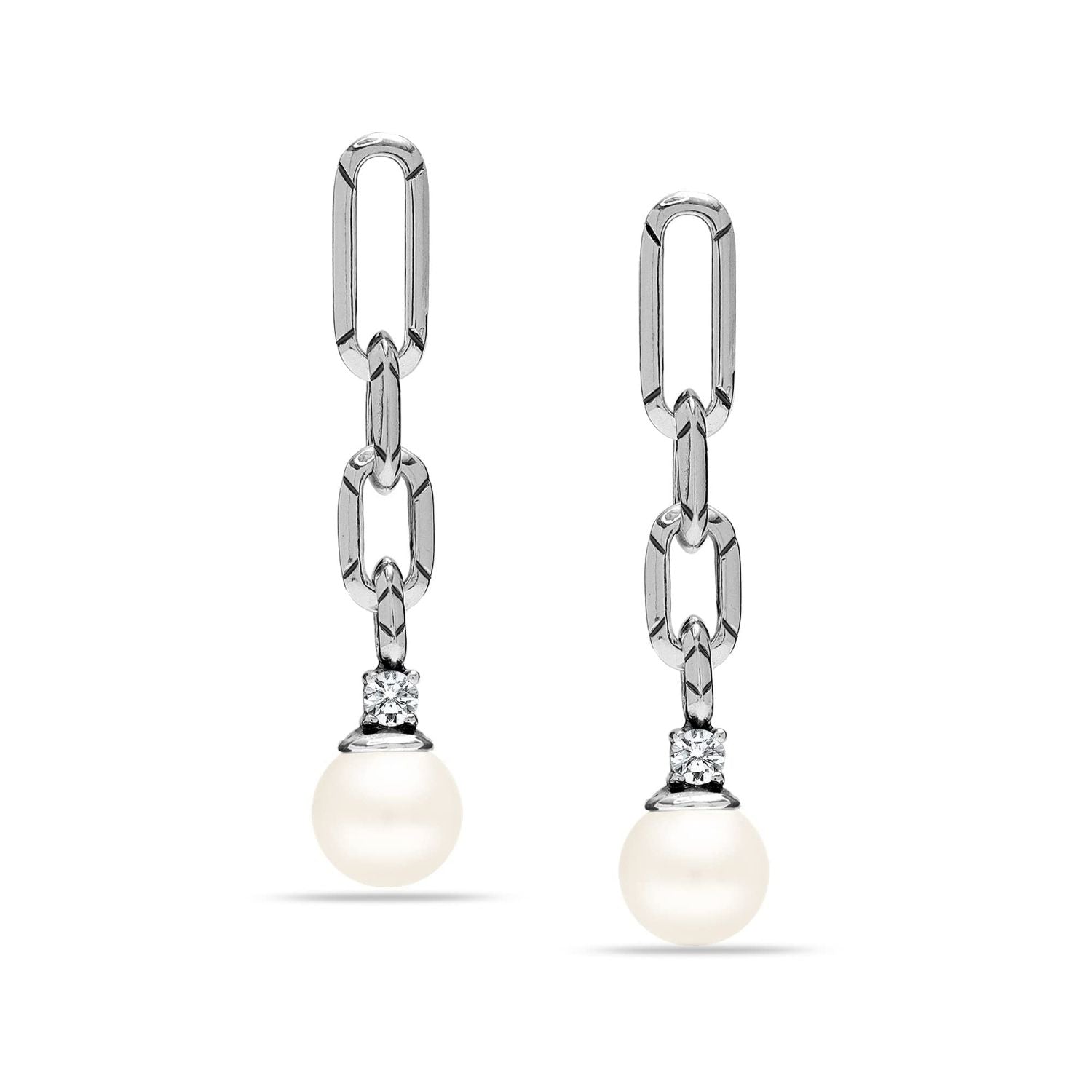 925 Sterling Silver Link CZ Pearl Drop Earrings for Women and Girls