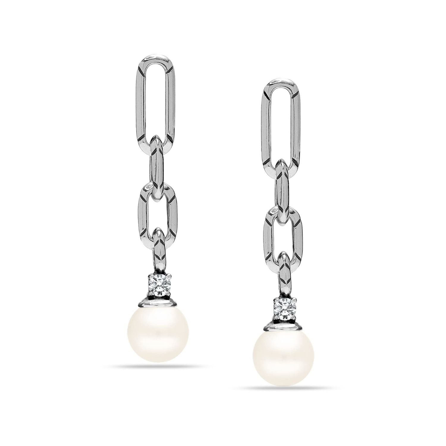 925 Sterling Silver Link CZ Pearl Drop Earrings for Women and Girls