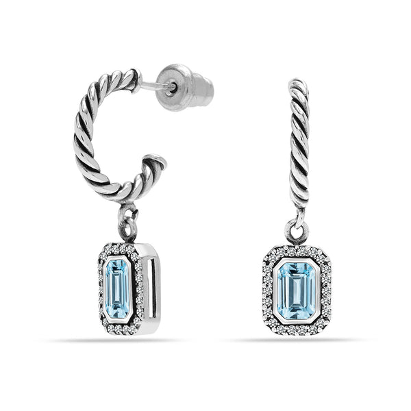 925 Sterling Silver Cubic Zirconia with Blue Aquamarine Pave Twisted Rope C-Hoop Dangle Earrings for Women