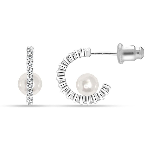 925 Sterling Silver CZ Pearl C Hoop Earrings for Women and Girls