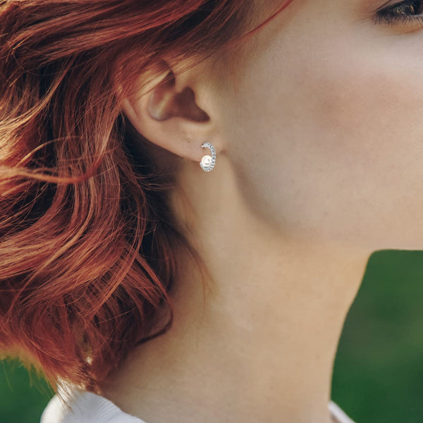 925 Sterling Silver CZ Pearl C Hoop Earrings for Women and Girls