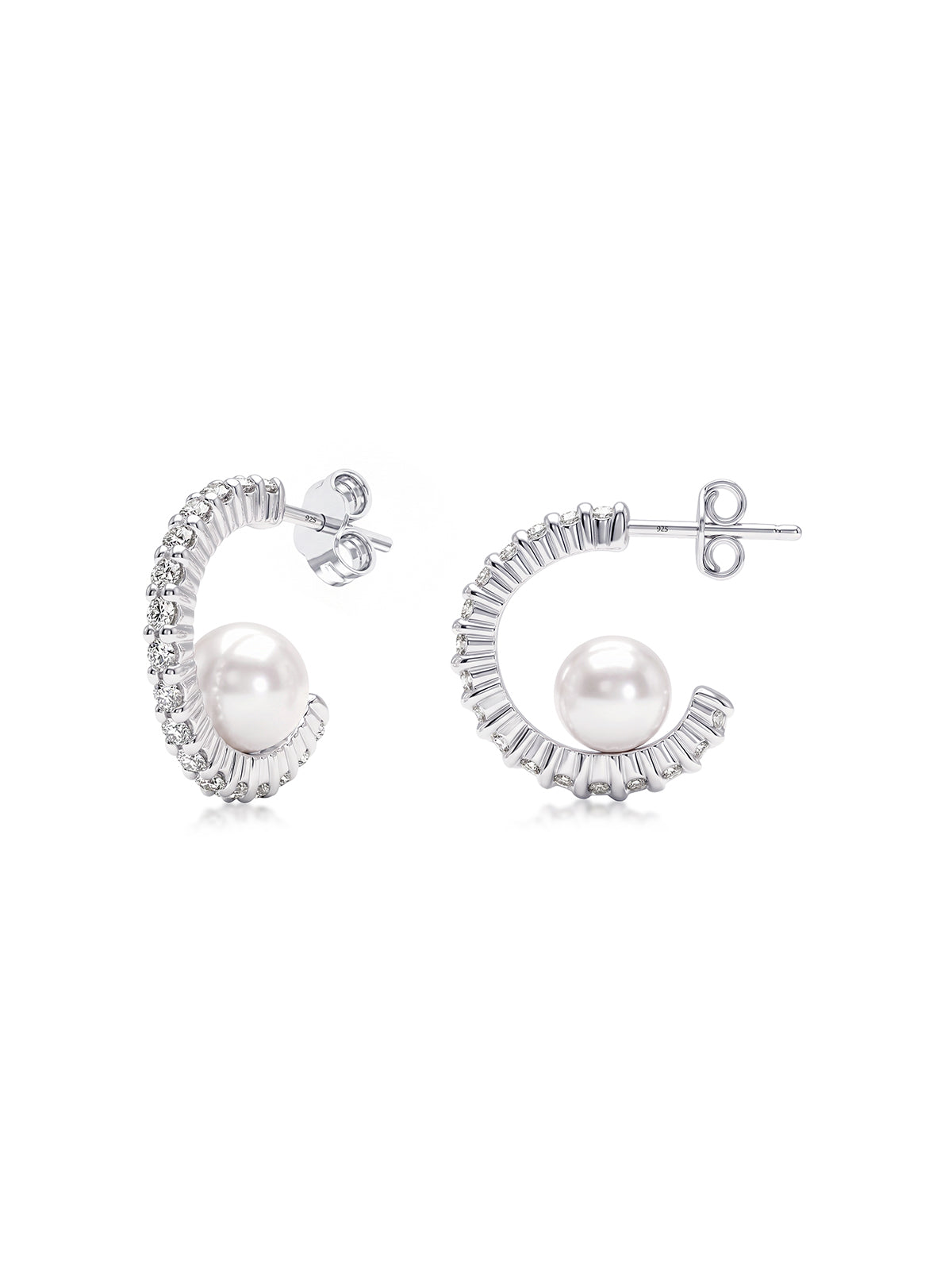 White CZ Pearl C-Hoop Earrings