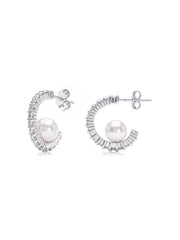 White CZ Pearl C-Hoop Earrings