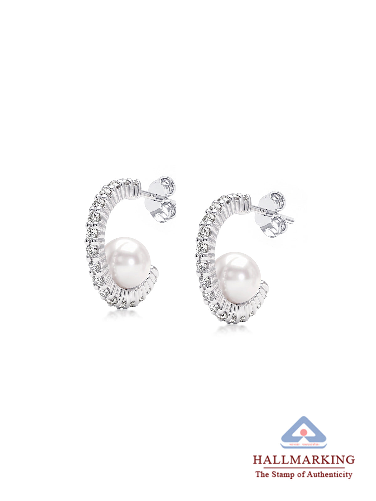 White CZ Pearl C-Hoop Earrings