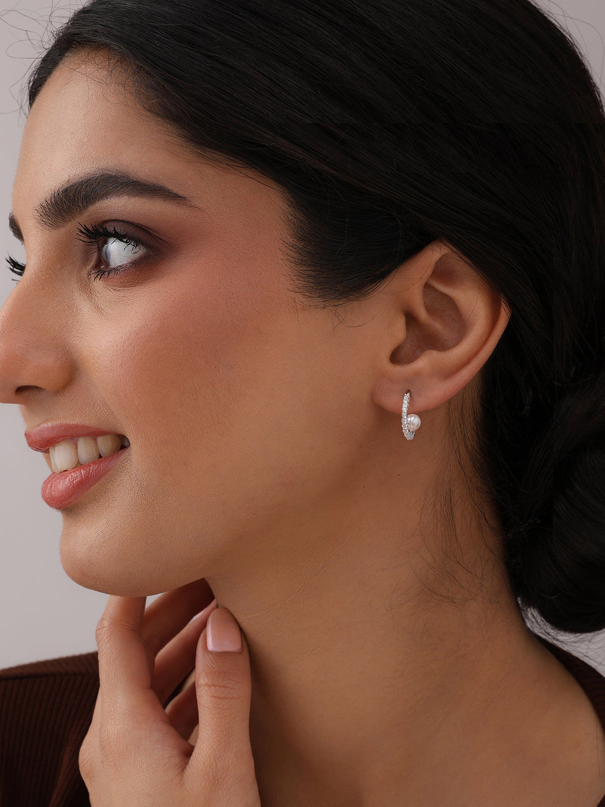 White CZ Pearl C-Hoop Earrings