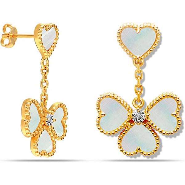 925 Sterling Silver 14K Gold-Plated Heart Mother Of Pearl 0.01 Carat Diamond Drop Dangle Stud Earrings for Women Teen
