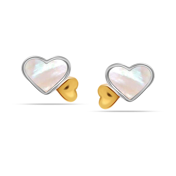 925 Sterling Silver Two Tone Mother Pearl Dual Heart Stud Earrings for Women Teen