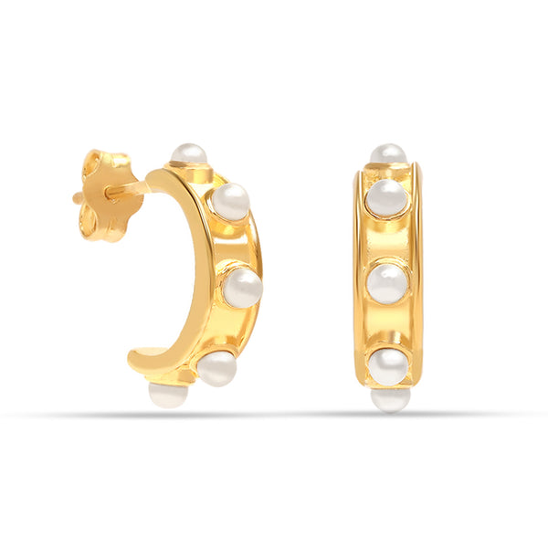 925 Sterling Silver 14K Gold Plated Small Trendy Open Simulated Pearl C-Hoop Stud Earrings for Women