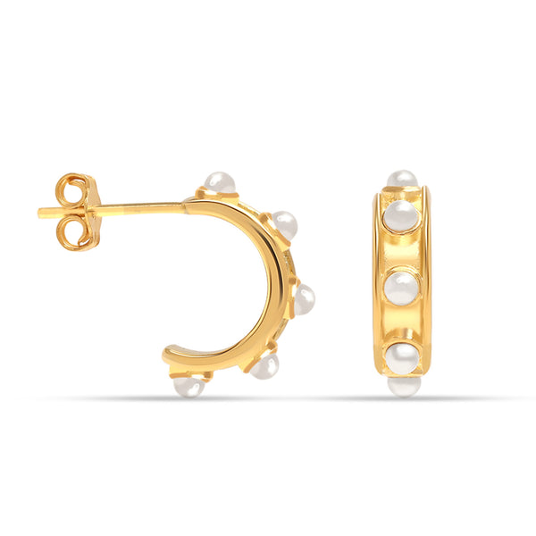 925 Sterling Silver 14K Gold Plated Small Trendy Open Simulated Pearl C-Hoop Stud Earrings for Women