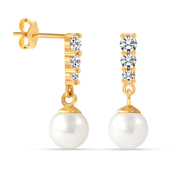 925 Sterling Silver 14K Gold Plated Cubic Zirconia Simulated Pearl Drop Stud Earrings  for Women