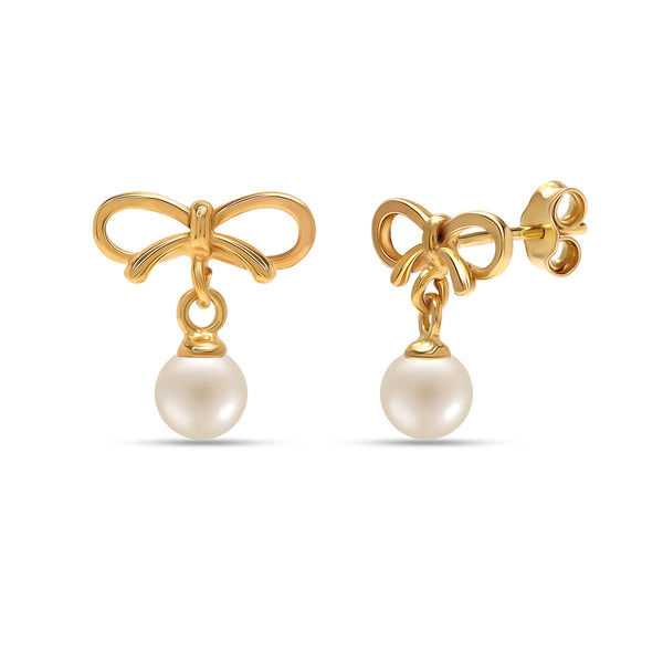 925 Sterling Silver 14K Gold Plated Knot Lightweight Simulated Pearl Ribbon Stud Drop Earrings for Women