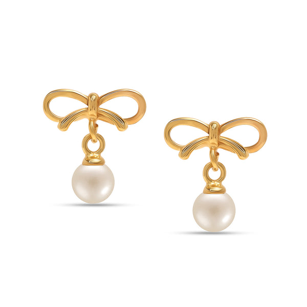 925 Sterling Silver 14K Gold Plated Knot Lightweight Simulated Pearl Ribbon Stud Drop Earrings for Women