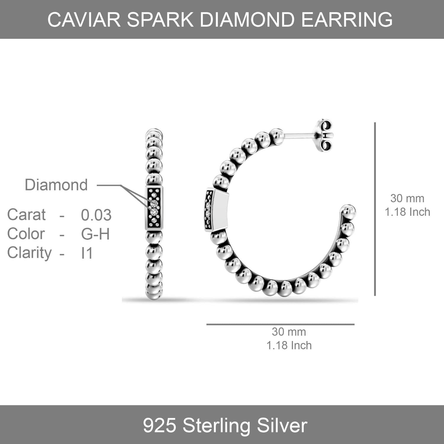 925 Sterling Silver Lightweight Italian Design 0.03 Carat Diamond Caviar Beaded C Hoop Earrings for Women