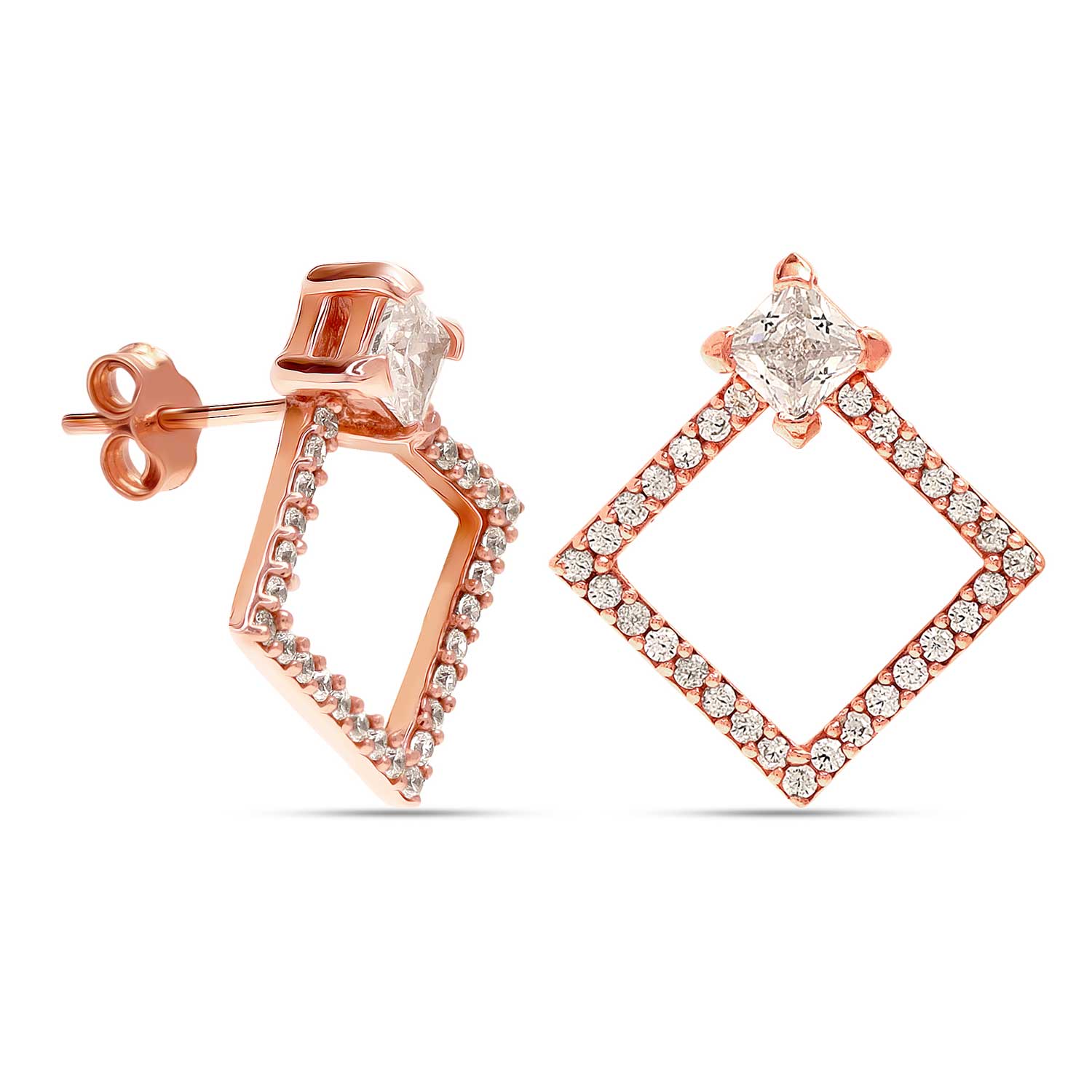 925 Sterling Silver 14K Rose Gold Plated Square Shape Geometric CZ Stud Drop Earrings for Women