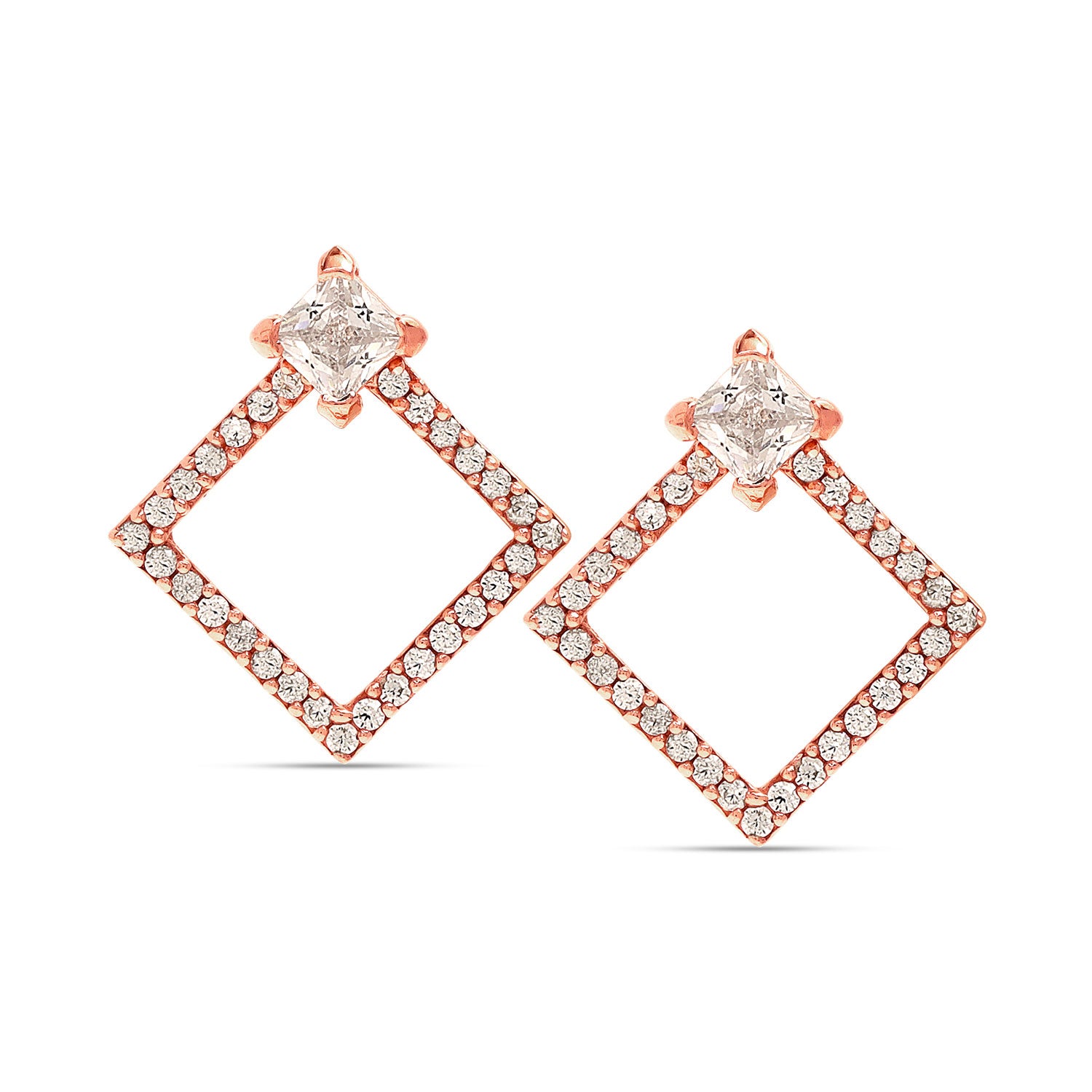 925 Sterling Silver 14K Rose Gold Plated Square Shape Geometric CZ Stud Drop Earrings for Women