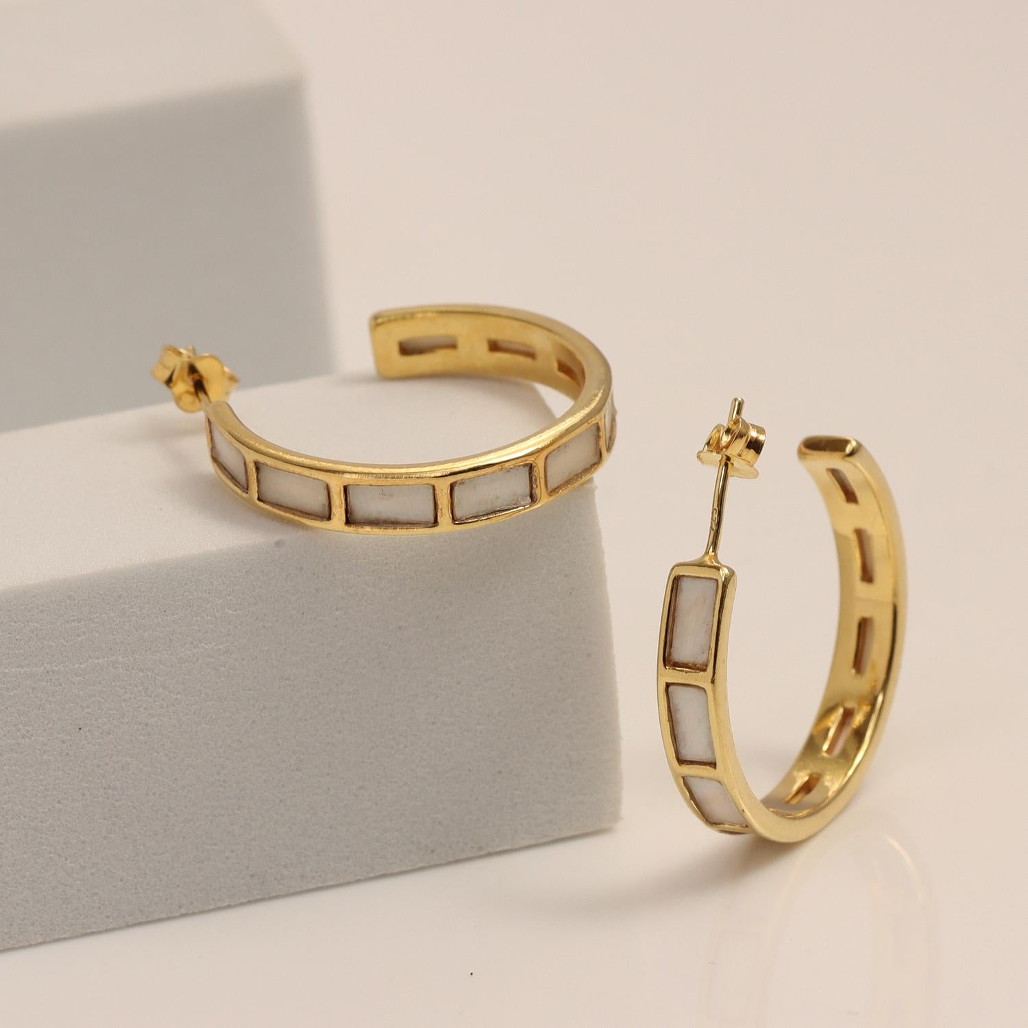 925 Sterling Silver 14K Gold-Plated Mother of Pearl J Hoop Earrings for Women Teen