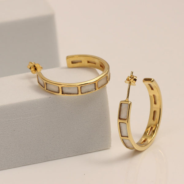 925 Sterling Silver 14K Gold-Plated Mother of Pearl J Hoop Earrings for Women Teen