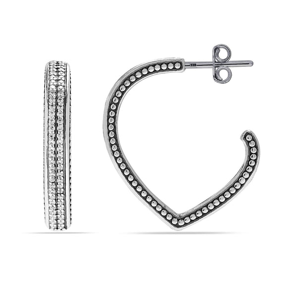 925 Sterling Silver Antique CZ Love Heart Shape C Hoop Earrings for Women Teen