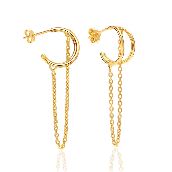 925 Sterling Silver 14K Gold Plated Double Piercing Dangle Chain Half Hoop Earrings for Women