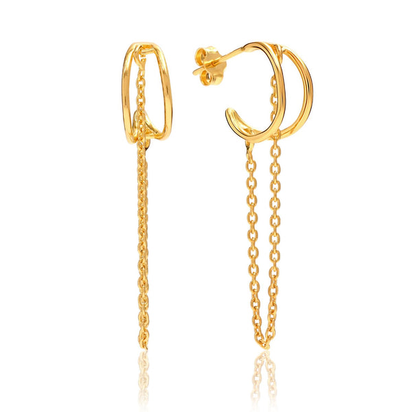 925 Sterling Silver 14K Gold Plated Double Piercing Dangle Chain Half Hoop Earrings for Women