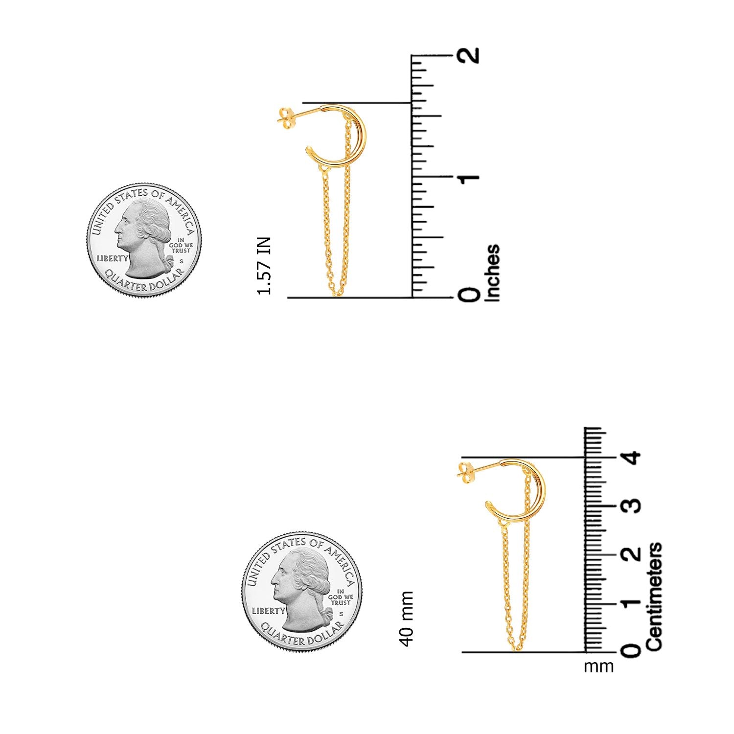 925 Sterling Silver 14K Gold Plated Double Piercing Dangle Chain Half Hoop Earrings for Women