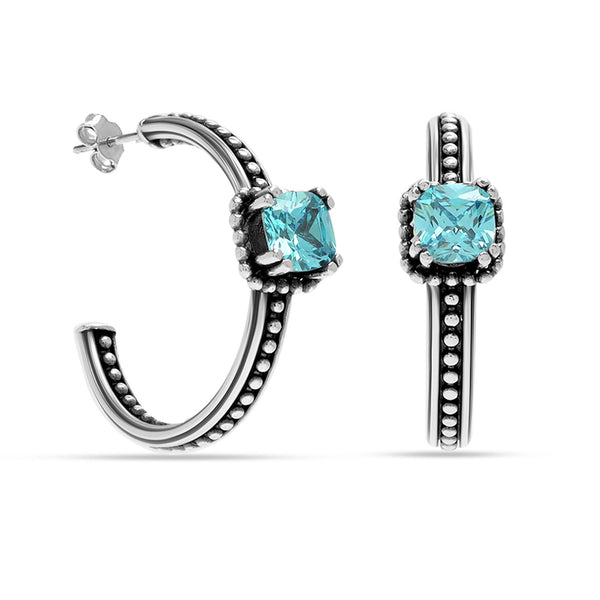 925 Sterling Silver Italian Design CZ Blue Topaz C Hoop Earrings for Women