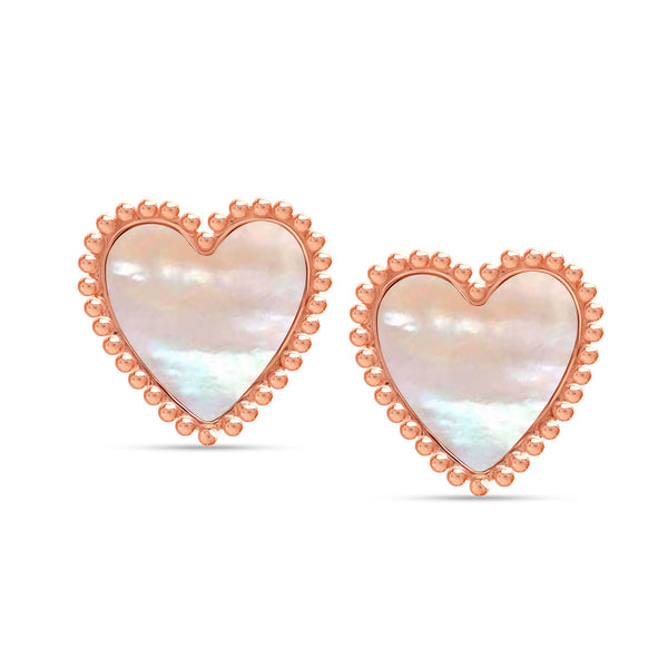 925 Sterling Silver 14K Rose-Gold Plated Mother of Pearl Heart Classic MOP Stud Earrings for Women Teen