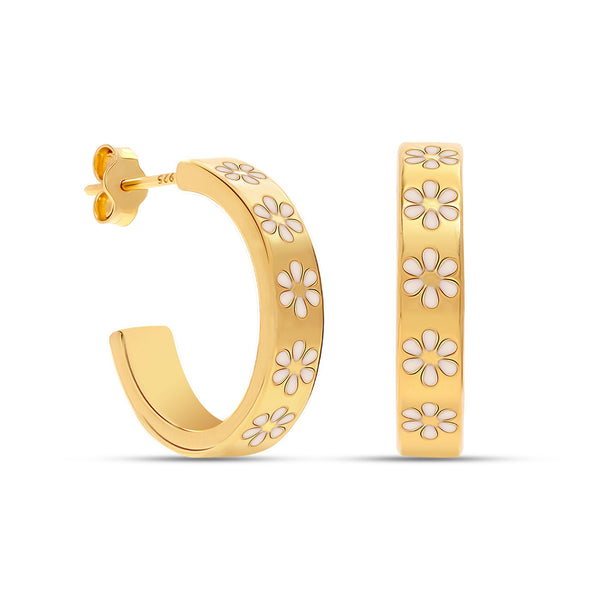 925 Sterling Silver 14K Gold Plated Chunky Retro Daisy Enamel Small Hoop Earrings for Women