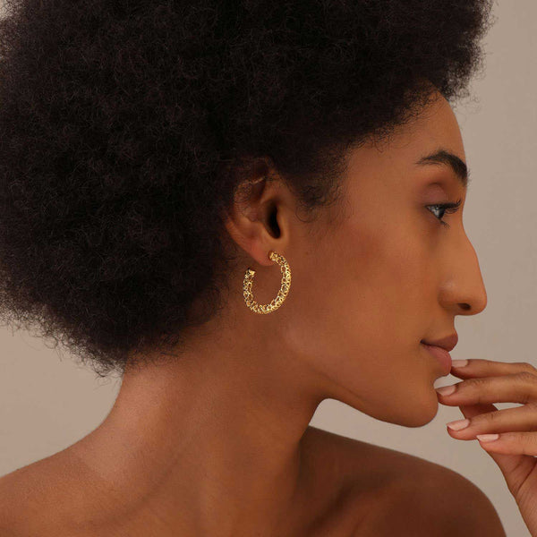 925 Sterling Silver 14K Gold Plated Italian Design Filigree C-Hoop Earrings for Women Teen