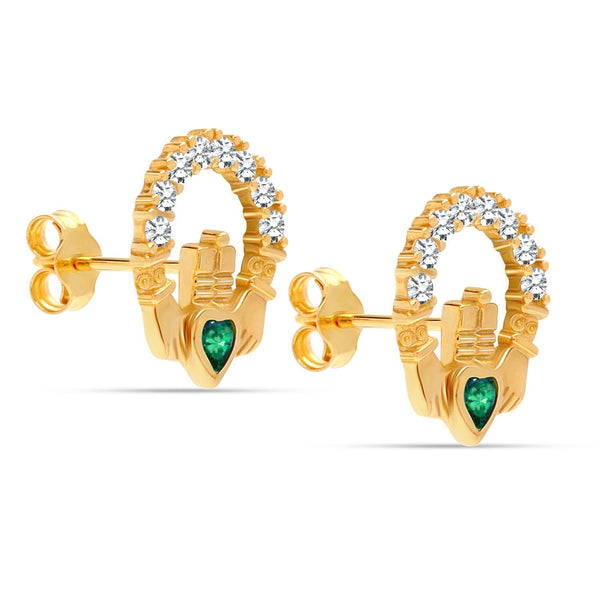925 Sterling Silver 14K Gold Plated Green Cubic Zirconia Medium Heart Pave Claddagh Stud Earrings for Women